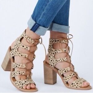 Dolce Vita Lyndon Animal Print Suede Lace Up Block Heel Sandal.
